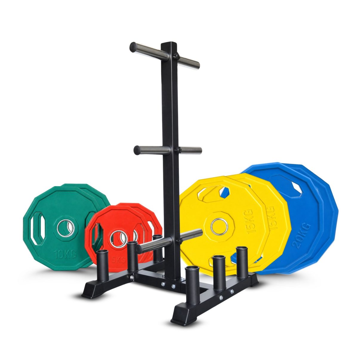 100KG Tri-Grip Rubber Coated Colour Weight Plate Set + Weight Tree